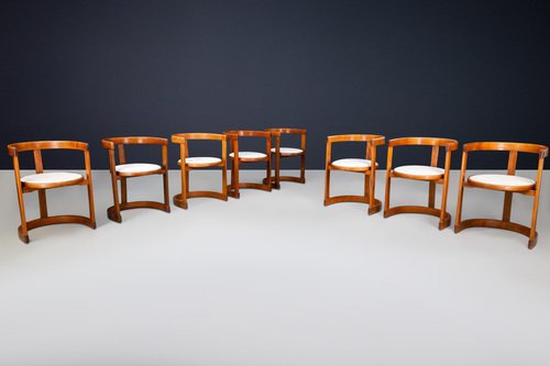 Mid Century Round Shaped Dining Chairs in Stained Wood 1960 Set of 8 for sale at Pamono