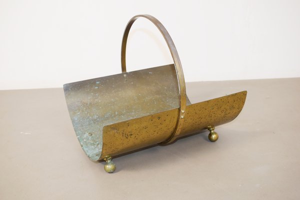 Vintage Italian Brass and Wood Holder 1970s for sale at Pamono