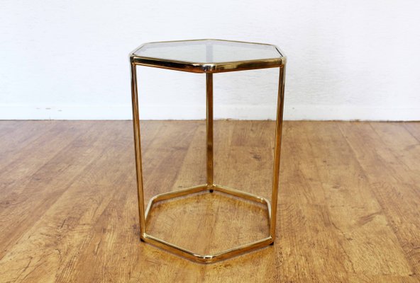 Hexagonal Gold Metal and Smoked Glass Side Table 1970