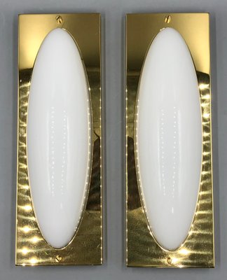 Pair of Brass & Opaline Glass Sconces by Jean Perzel Pair of Brass & Opaline Glass Sconces by Jean Perzel