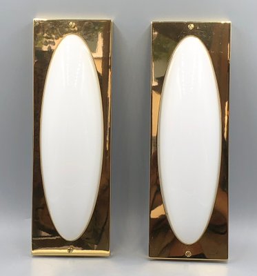 Pair of Brass & Opaline Glass Sconces by Jean Perzel Pair of Brass & Opaline Glass Sconces by Jean Perzel