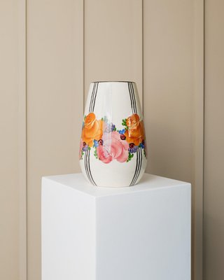 Mid-Century Ceramic Vase with Flowers and Stripes Motif Mid-Century Ceramic Vase with Flowers and Stripes Motif