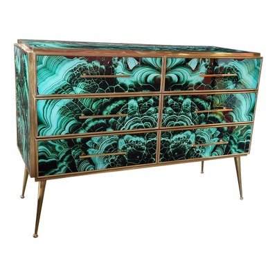 Wooden Dresser in Malachite Glass with Six Drawers, 1980s