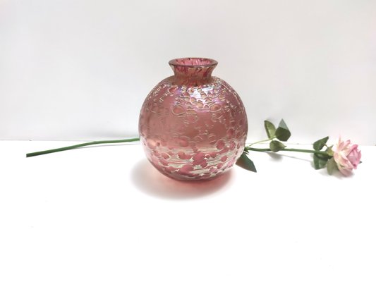 Vintage Pink Iridescent Etched Blown Glass Vase Diaspora