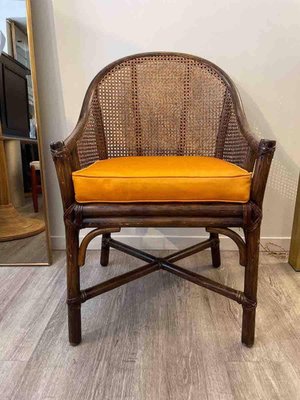 Rattan and Bamboo Armchairs with Orange Cushions from McGuire 1970 Set of 4 for sale at Pamono