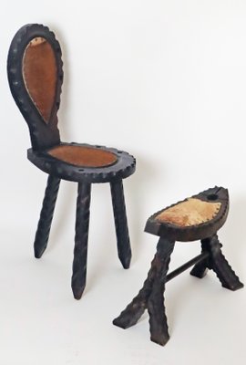 Set of Brutalist Spanish Tripod Chair with Goatskin Stool for sale