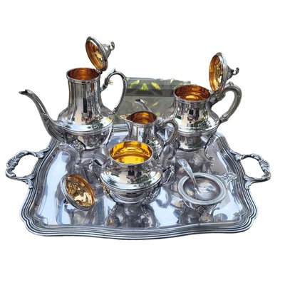 Spanish 925 Sterling Silver and Gilded Gold Coffee and Tea Service by Cruz De Malta. Style 5.600 Kg Set of 6 for sale at Pamono