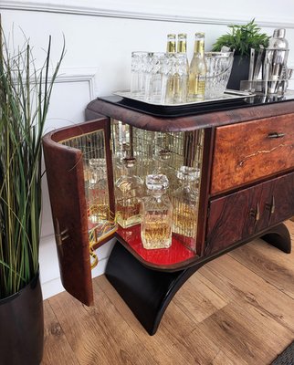 Italian Art Deco Walnut Burl and Mirror Mosaic Dry Bar Cabinet 1940s