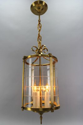 French Neoclassical Style Round Hanging Lantern in Brass and Clear