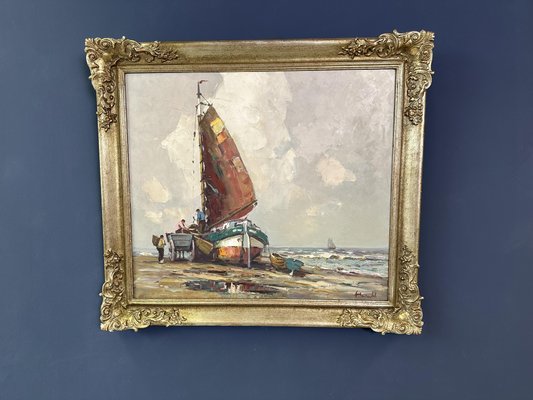 Harry Haerendel, Sailing Ship on Sand, 1890s-1910s, Oil on Canvas