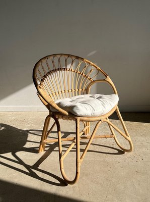 Circular Rattan Armchair with White Cushion for sale at Pamono