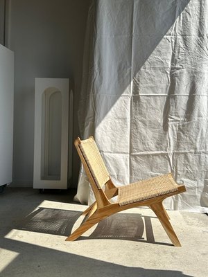 Reclining Armchair in Natural Wood and Woven Rattan for sale at Pamono - Main Image