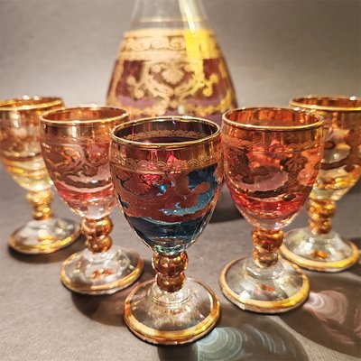 Baroque Venetian Bottle and Glasses in Glass with Gold Trim, Venice, Italy,  1950s, Set of 6 for sale at Pamono