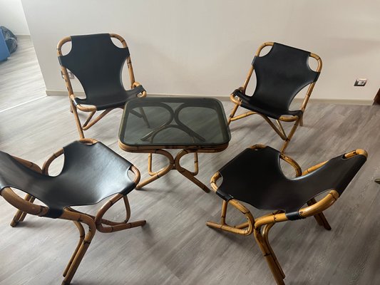 Leather and Bamboo Sling Chairs and Bamboo Coffee Table Set of 5 for sale at Pamono