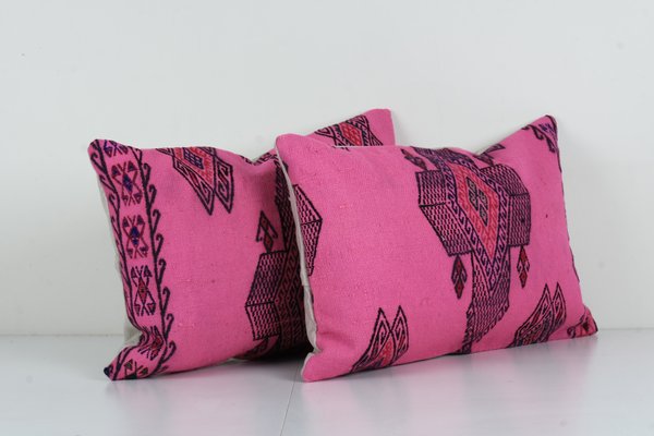 Turkish Wool Pink Kilim Lumbar Cushion Covers Set of 2 for sale at Pamono