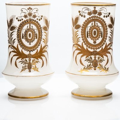 Baccarat Opaline Vases with Golden Decor, 1880s, Set of 2 for sale