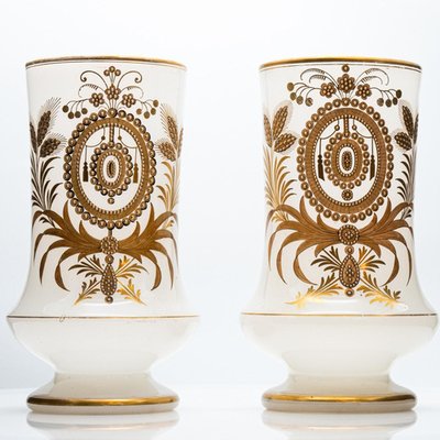 Baccarat Opaline Vases with Golden Decor, 1880s, Set of 2
