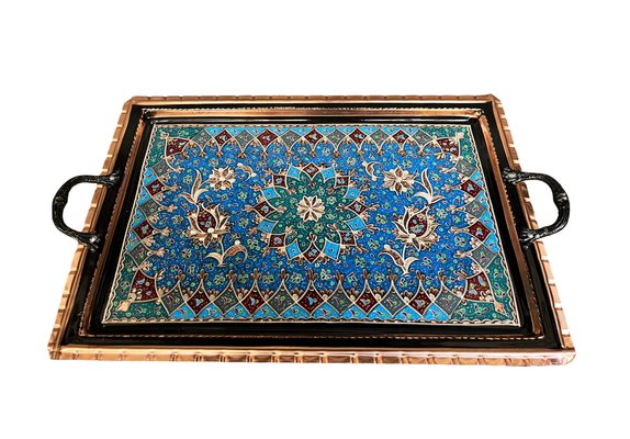 Handgefertigtes Serviertablett aus geschnitztem Kupfer mit Blumenmotiven und Griffen bei Pamono kaufen