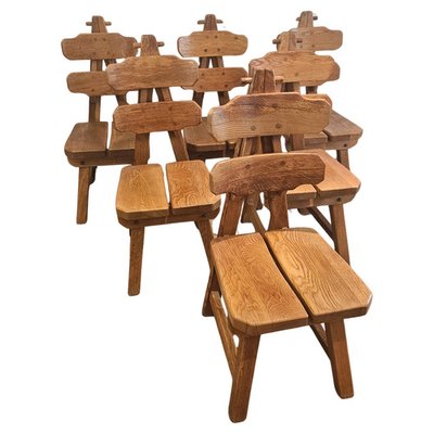 家具 Spanish Brutalist Chair in Wood, 1960s Vintage Spanish Brutalist Dining Chairs, 1965, Set of 6 for sale