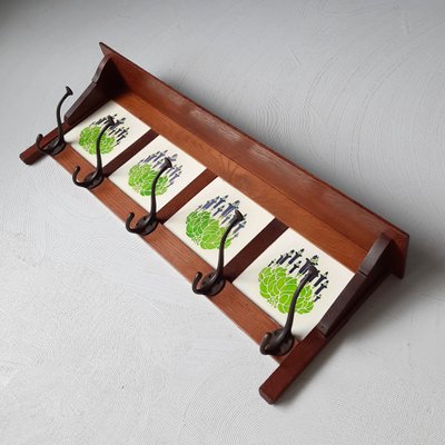 Antique Art Nouveau Wall Mounted Coat Rack with Tiles, 1900 for