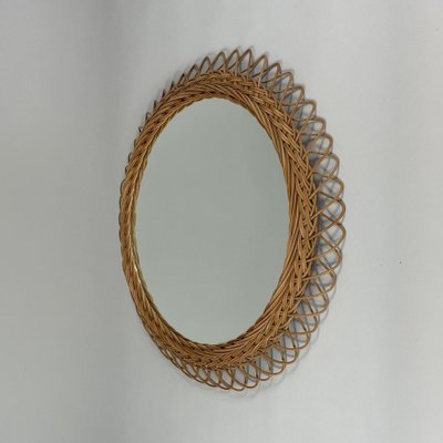 Round Rattan Hand Woven Wall Mirror, Sweden, 1950s for sale at Pamono
