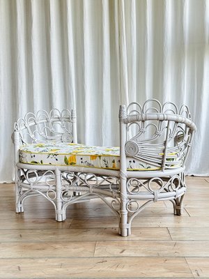 Vintage White Rattan Loveseat Tete A Tete with Lemon Print Upholstery 1960s