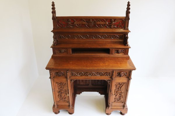 19th Century Gothic Revival Writing Desk in Carved Oak with Angels