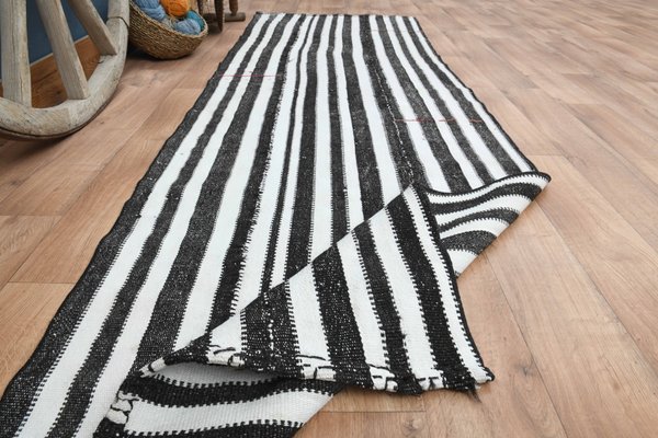 Striped White Black Runner Rug, 1960s for sale at Pamono