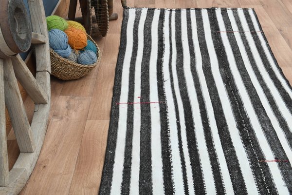 Striped White Black Runner Rug, 1960s for sale at Pamono