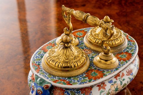 Antikes Regency Tintenfass Aus Vergoldeter Bronze & Porzellan, England