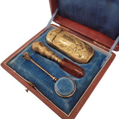 Napoleon III Pipe/Tobacco Set in Gilt Brass, France, 19th Century, Set of 4  for sale at Pamono