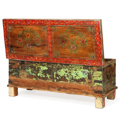 Blue Painted Teak Chest From Gujarat - 1920 Blue Painted Teak Chest From Gujarat - 1920