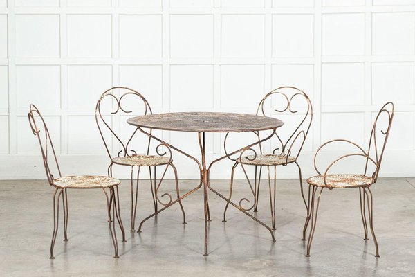 Large French Bistro Table Chairs Patio Set, 1940s, Set of for