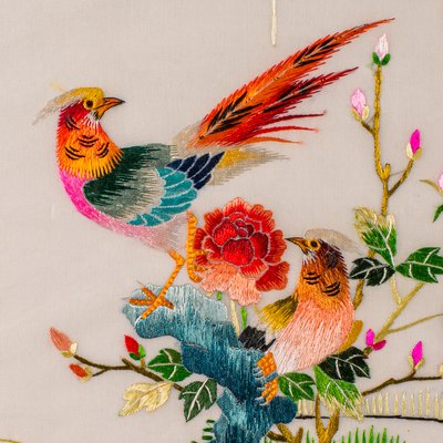 Bracelet Bois Laqué Vintage Décor Fleurs Et Oiseaux - Occasion, Couleur Dorée, Style XXème Siècle