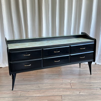 Mid-Century Italian Black Lacquered Sideboard with Marble Pattern Glass  Top, 1950s for sale at Pamono
