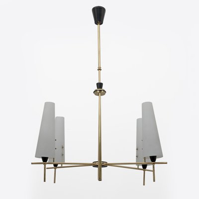 Stilnovo Brass and Opaline Glass Chandelier Stilnovo Brass and Opaline Glass Chandelier