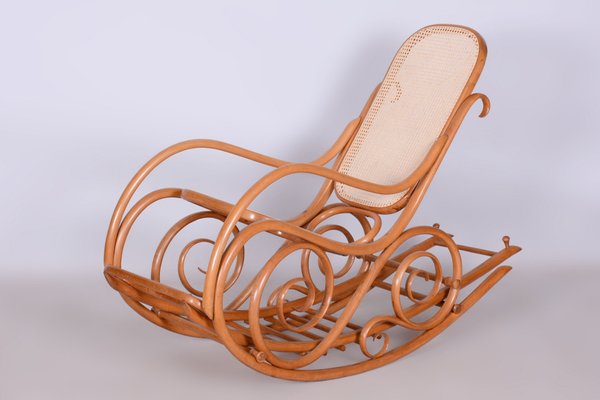 Art Deco Beech Rocking Chair with Footrest attributed to Thonet Czech 1920s for sale at Pamono