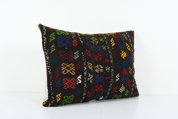 Turkish Black Lumbar Kilim Wool Cushion Cover for sale at Pamono
