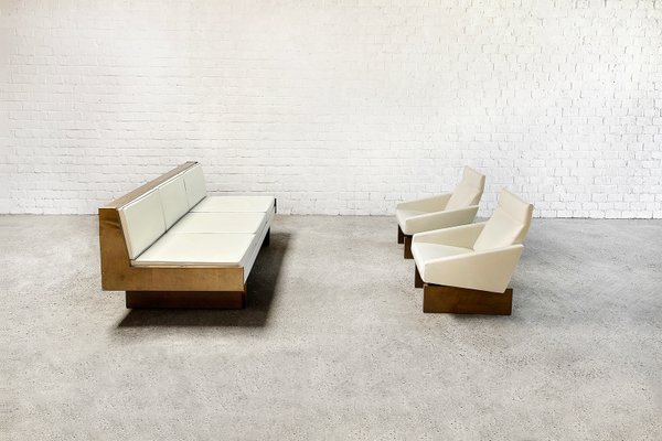 French Modern Living Room Sofa Set in White Leather, 1950s, Set of