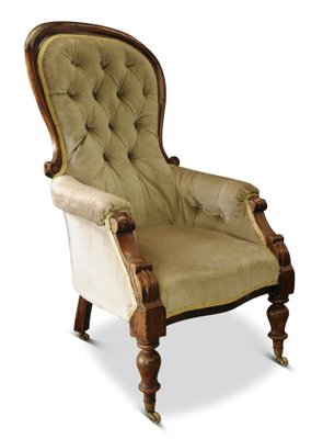 Victorian Walnut Velvet Scroll Arm Button Back Library Armchair