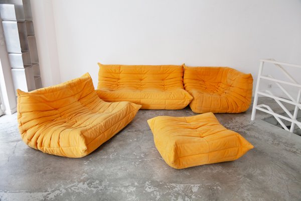 Yellow Microfiber Togo Corner Pouf 2 Seat 3 Seat Sofas by Michel Ducaroy for Ligne Roset Set of 4