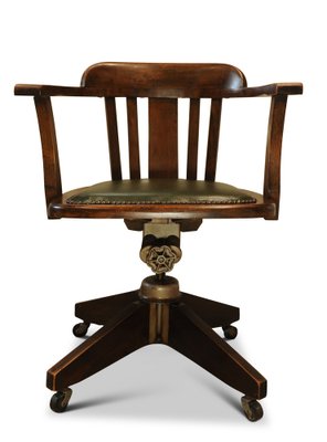Victorian Oak Revolving Railback Desk Chair with Racing Green Leather Seat 1890s