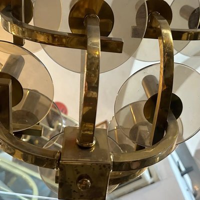 Mid-Century Modern Brass and Smoked Glass Chandelier by Mid-Century Modern Brass and Smoked Glass Chandelier by