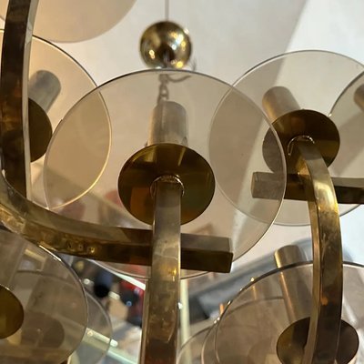 Mid-Century Modern Brass and Smoked Glass Chandelier by Mid-Century Modern Brass and Smoked Glass Chandelier by