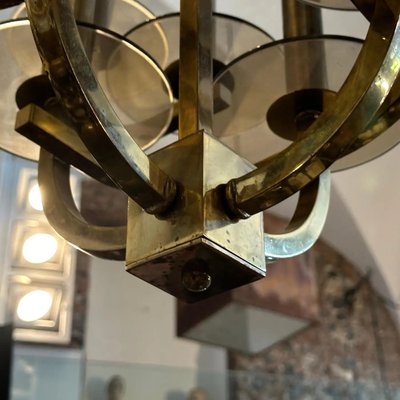 Mid-Century Modern Brass and Smoked Glass Chandelier by Mid-Century Modern Brass and Smoked Glass Chandelier by