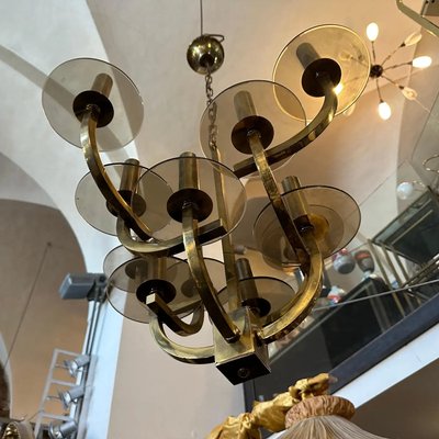 Mid-Century Modern Brass and Smoked Glass Chandelier by Mid-Century Modern Brass and Smoked Glass Chandelier by