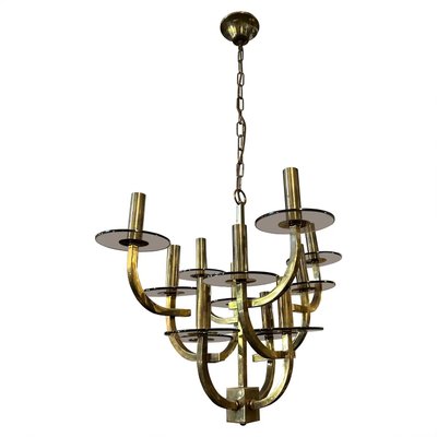 Mid-Century Modern Brass and Smoked Glass Chandelier by Mid-Century Modern Brass and Smoked Glass Chandelier by