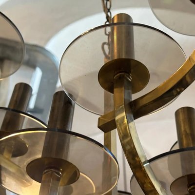 Mid-Century Modern Brass and Smoked Glass Chandelier by Mid-Century Modern Brass and Smoked Glass Chandelier by