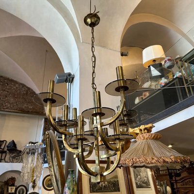 Mid-Century Modern Brass and Smoked Glass Chandelier by Mid-Century Modern Brass and Smoked Glass Chandelier by