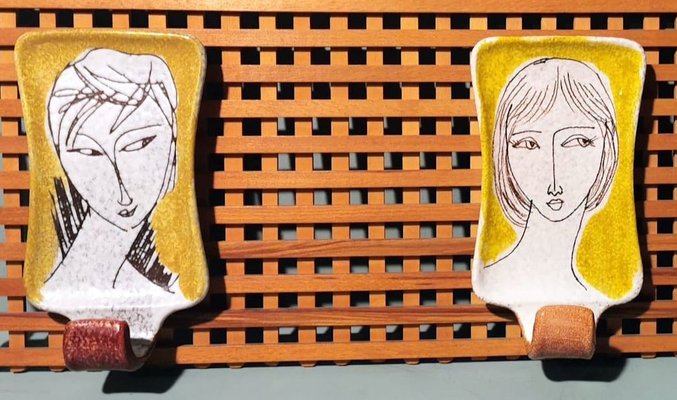 Vintage Italian Wood and Ceramic Coat Rack by Artist Alvaro Cartei 1960s for sale at Pamono